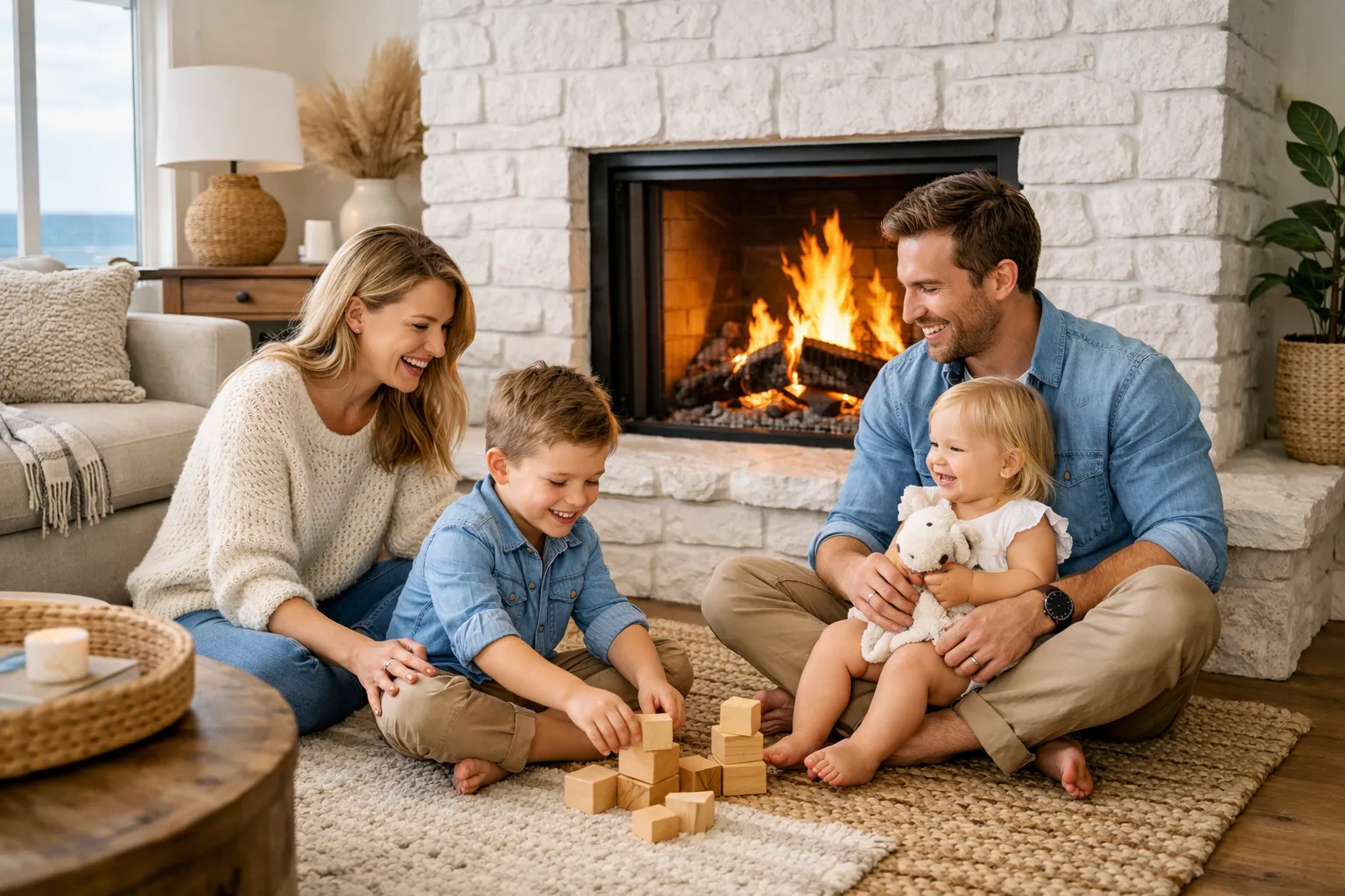 Happy family enjoying their fireplace — Barnhill Chimney Company