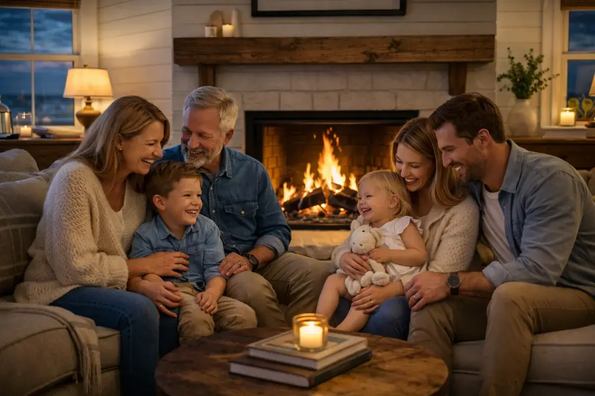 Family gathered around the fireplace